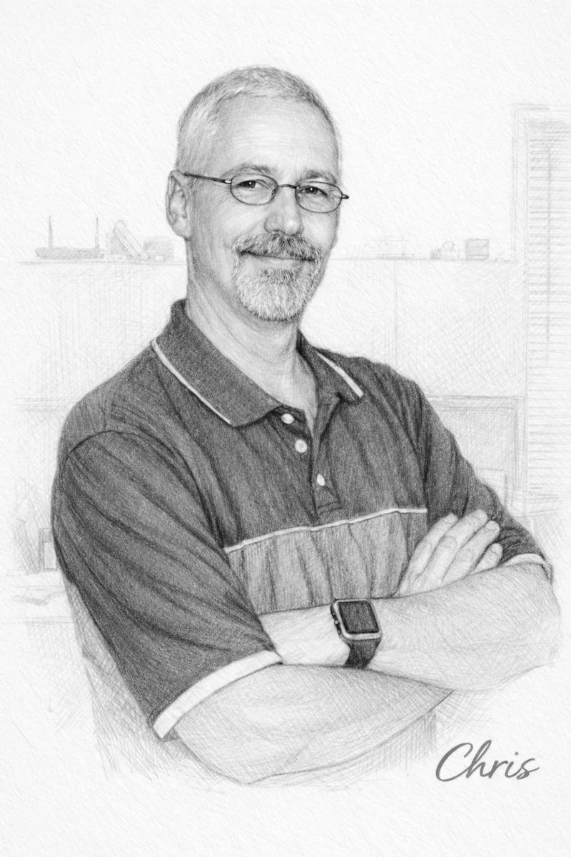 Pencil sketch of Chris Wilton, owner of Sunderland Print & Web
