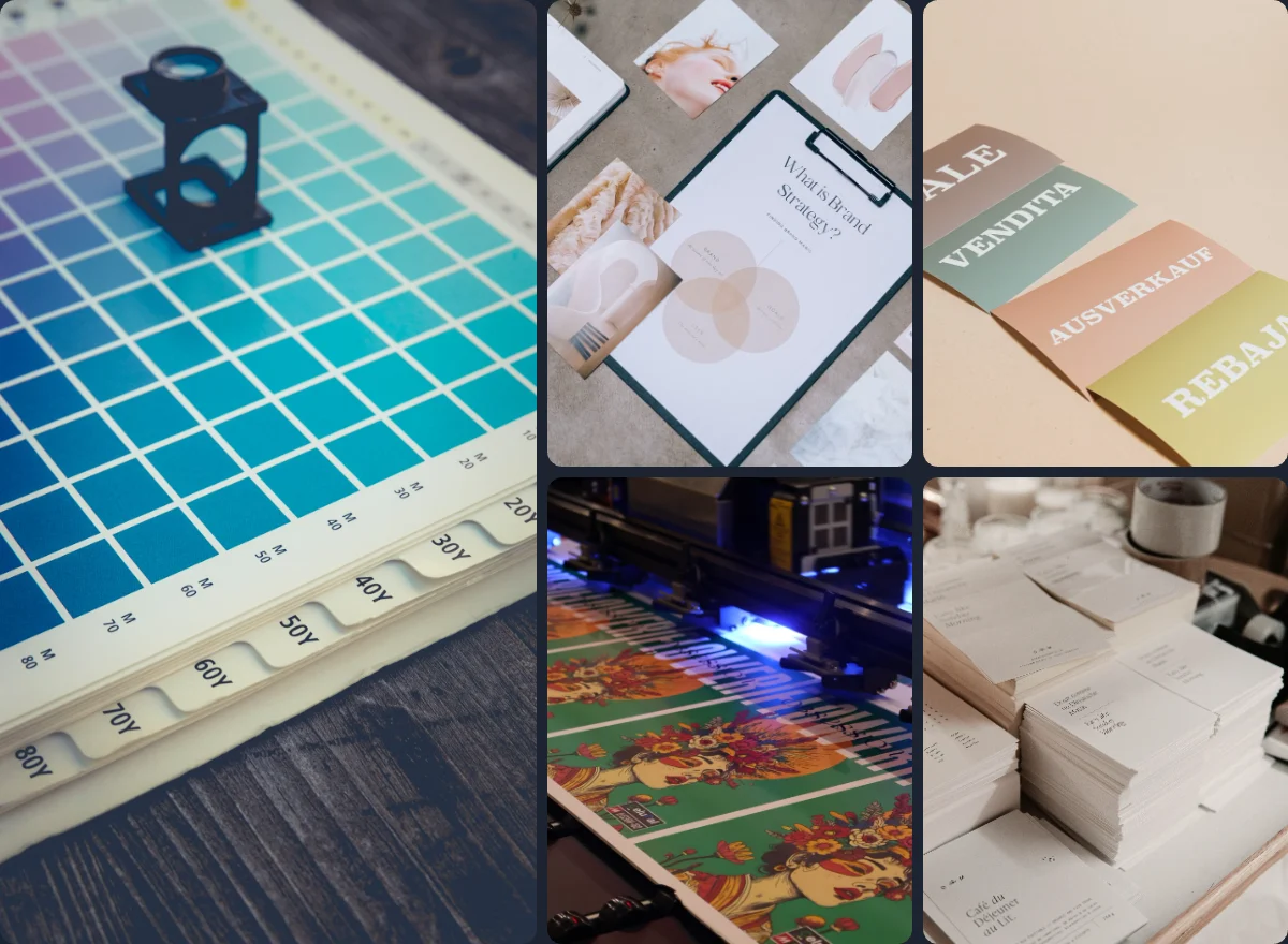 Collage of printed work: a colour proof under a loupe, brand stationery, colourful printed cards, a large-format printer and stacks of printed invitations